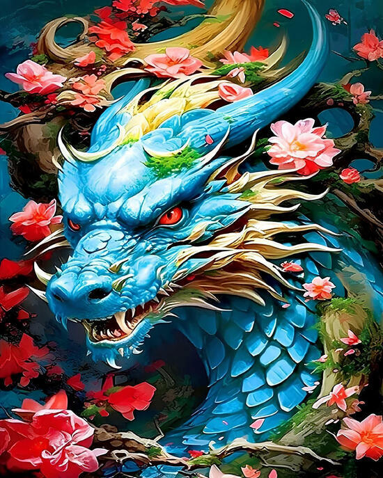 Алмазная мозаика 40x50 Бирюзовый дракон среди цветов