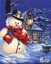 Снеговик с фонариком у зимнего домика