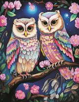 Разноцветные совы на цветущем дереве