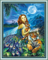 Юная фея с тиграми у моря под луной