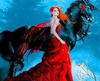 Эльфийка в красном платье и черный конь