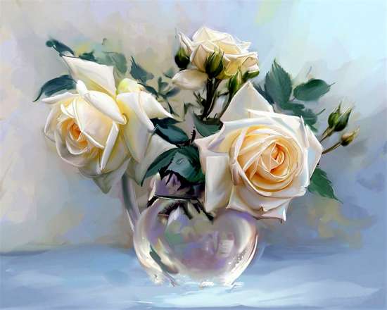 Картина по номерам 40x50 Белые большие розы в вазе